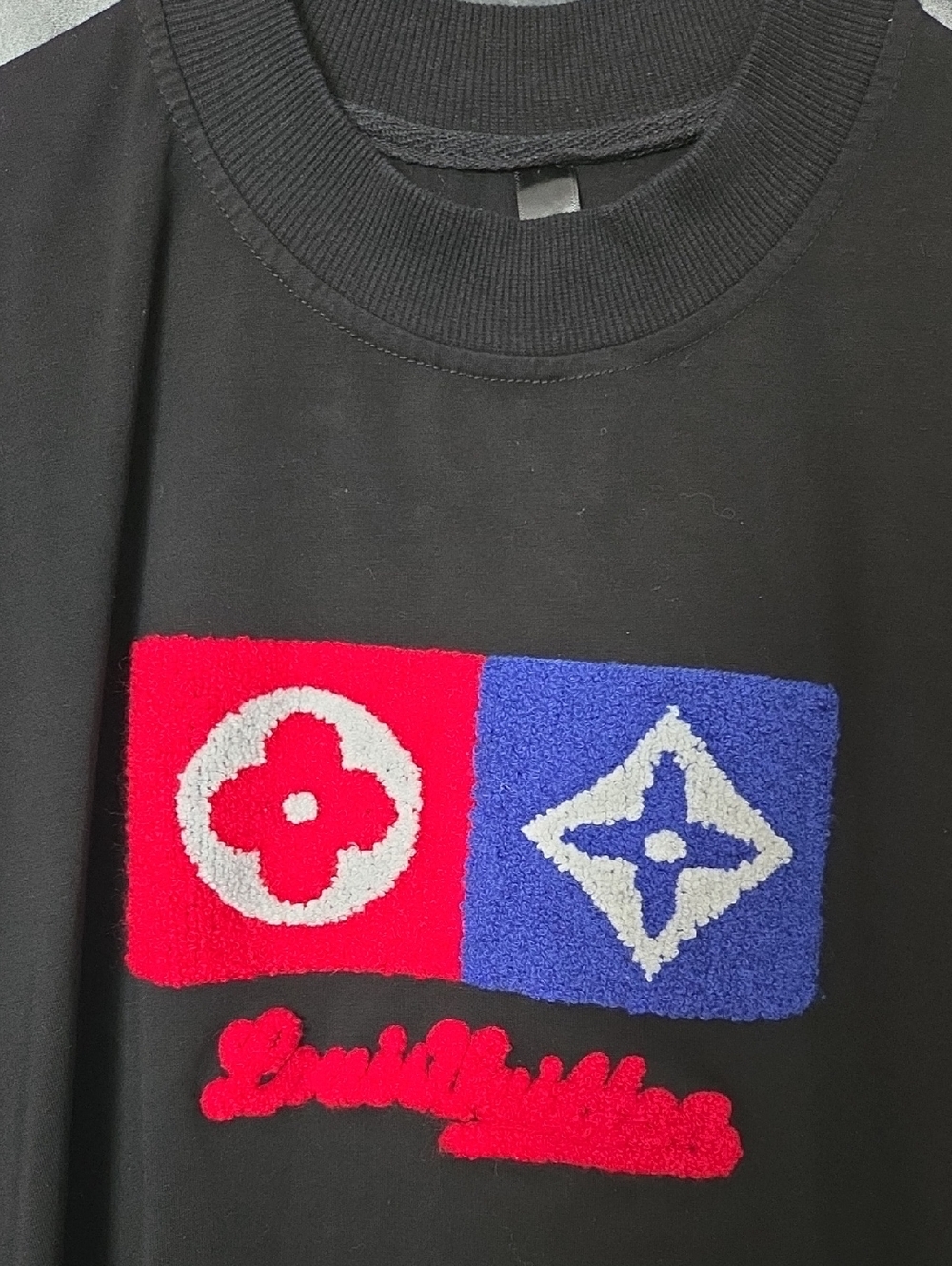 Black Crewneck T shirt with Red and Blue Chenille Patch - Louis Vuitton